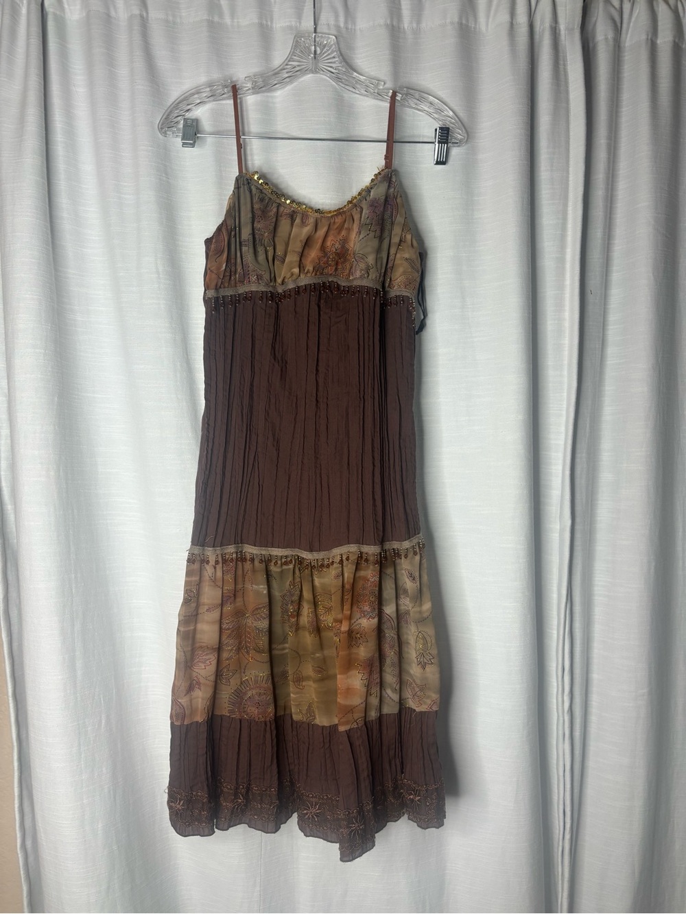 Beaded Fairy Tiered Maxi Dress in Brown and Tan